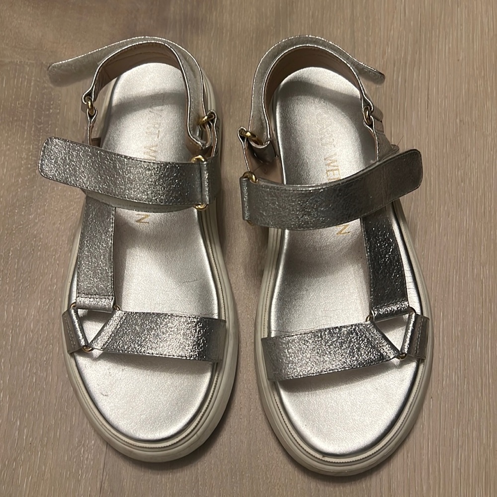 Stuart weitzman zoelie metallic silver sandal size 38.5